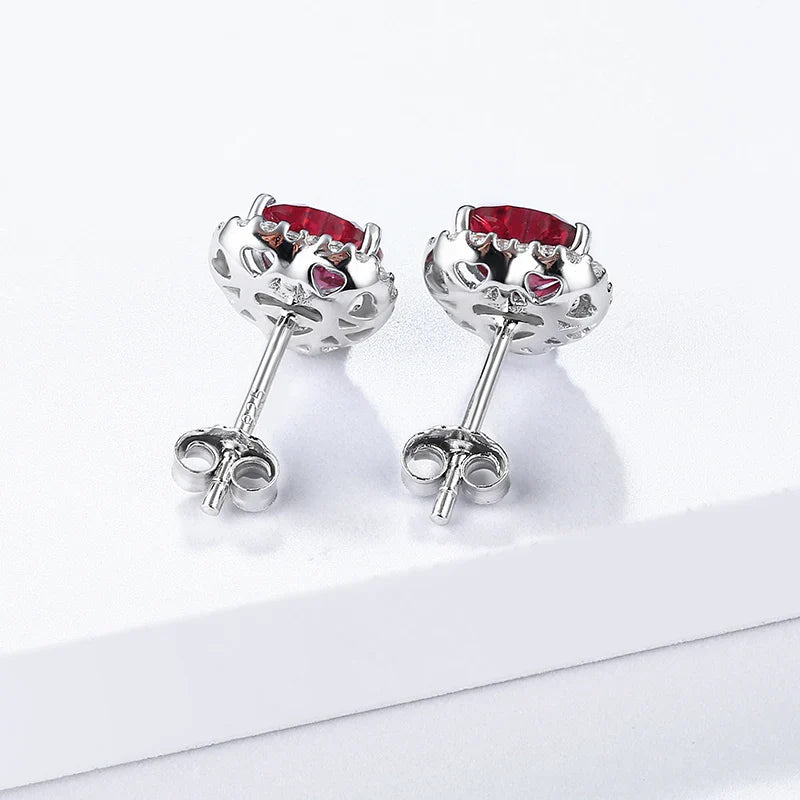 Sterling Silver Heart Ruby Stud Earrings