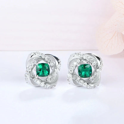 Vintage Sterling Silver Emerald & Diamond Stud Earrings