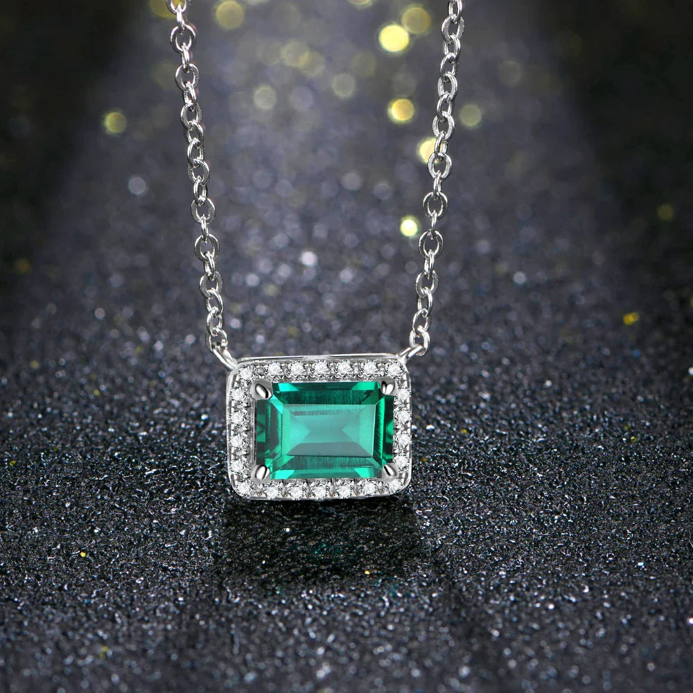 Sterling Silver Emerald-Cut Emerald & Moissanite Pendant Necklace