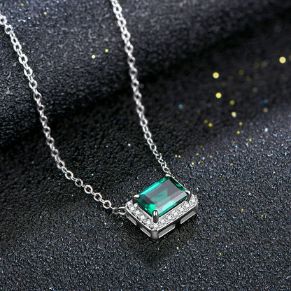 Sterling Silver Emerald-Cut Emerald & Moissanite Pendant Necklace