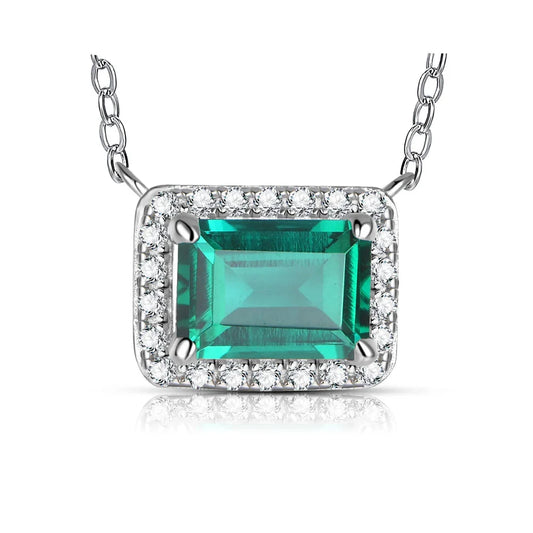 Sterling Silver Emerald-Cut Emerald & Moissanite Pendant Necklace
