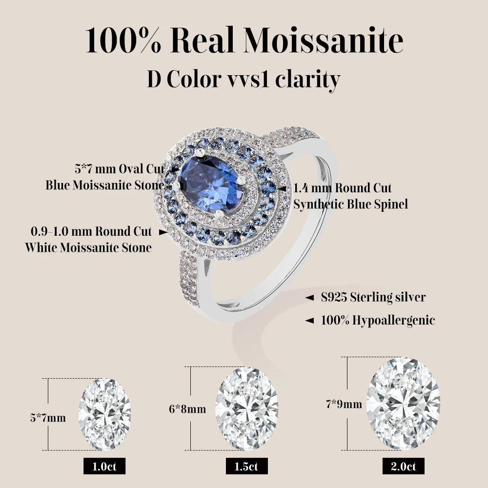 Blue Moissanite Oval Cut 1.0CT Ring
